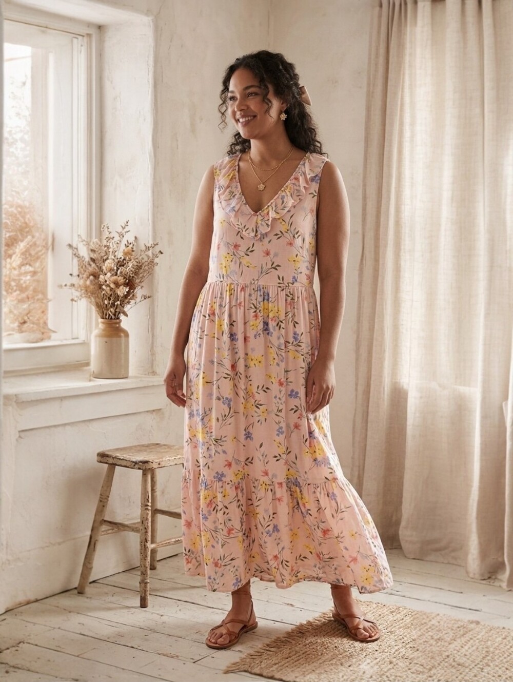 Old Navy Soft Blush Pink Floral Ruffle V-Neck Tiered Maxi Dress Size XL
